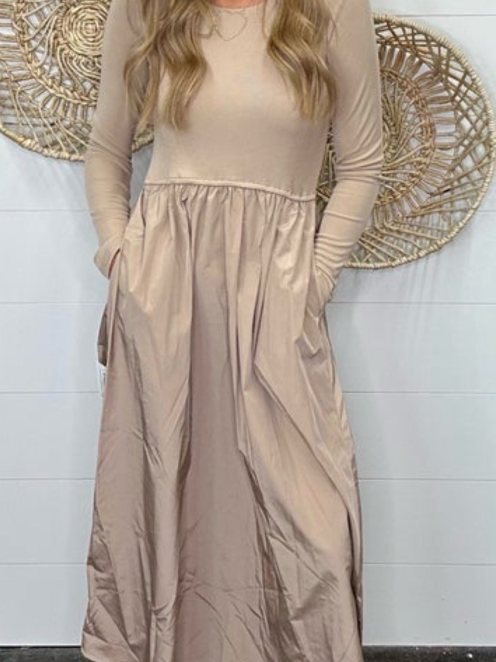 Ces Femme Elegant Long Sleeve Dress in Beige Taupe